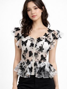 AKIRA White Sheer Peplum Top with Black Butterfly Embroidery
